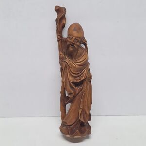Vintage Chinese HandCarved Wood SHOU LAO GOD OF LONGEVITY Sculpture Figurine 8"